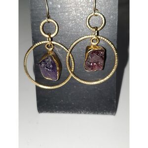 A Pair of Natural Stone Dangle Drop Earrings Gold Tone French Wire Faux Amethyst